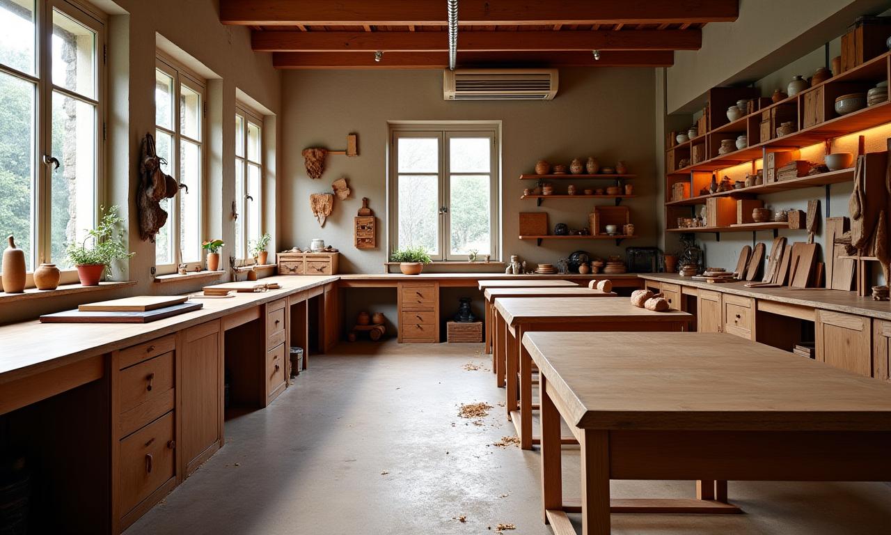 Vue d'ensemble de l'atelier Artisan Façon, ambiance de travail bois et outillage