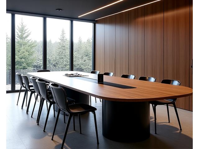 Grande table de réunion ovale en bois exotique