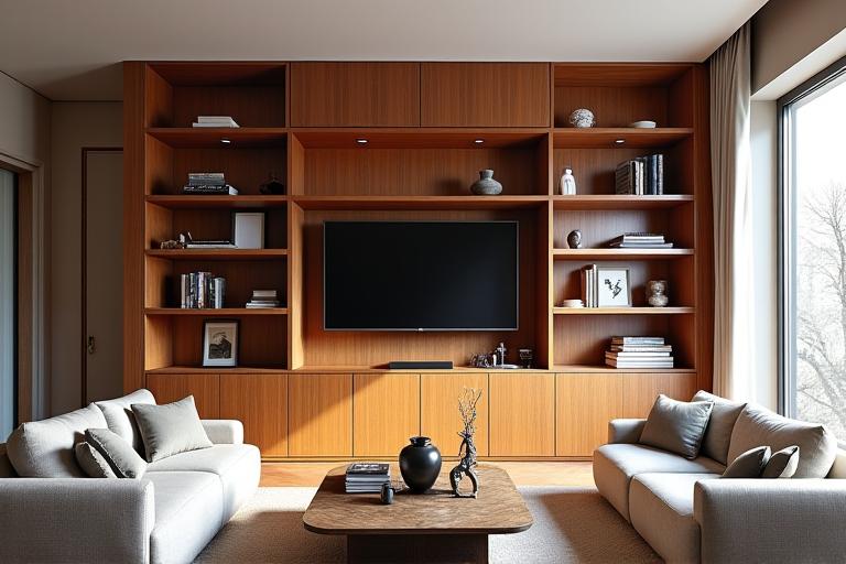 Grande bibliothèque intégrée du sol au plafond, optimisant l'espace de rangement d'un salon élégant.