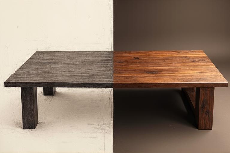 Esquisse d'un meuble en bois à côté du produit fini, reflétant la conception de mobilier sur mesure.